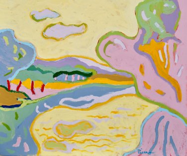 Pierre v.Dijk '22 ( Synesthesie : Vivaldi Concerto in E Major "La Primavera") 50x60cm Rivier landschap acryl op linnen / Priv